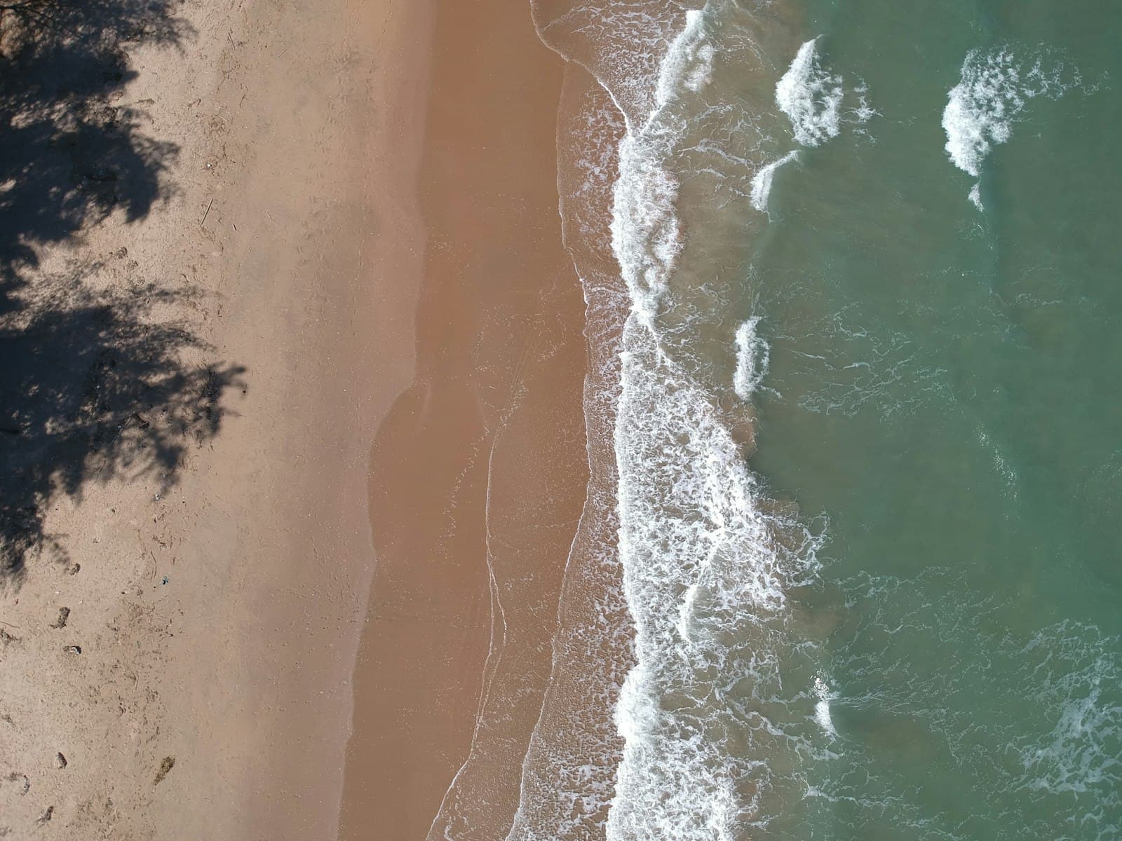 Waves breaking on a sandy beach seen from above